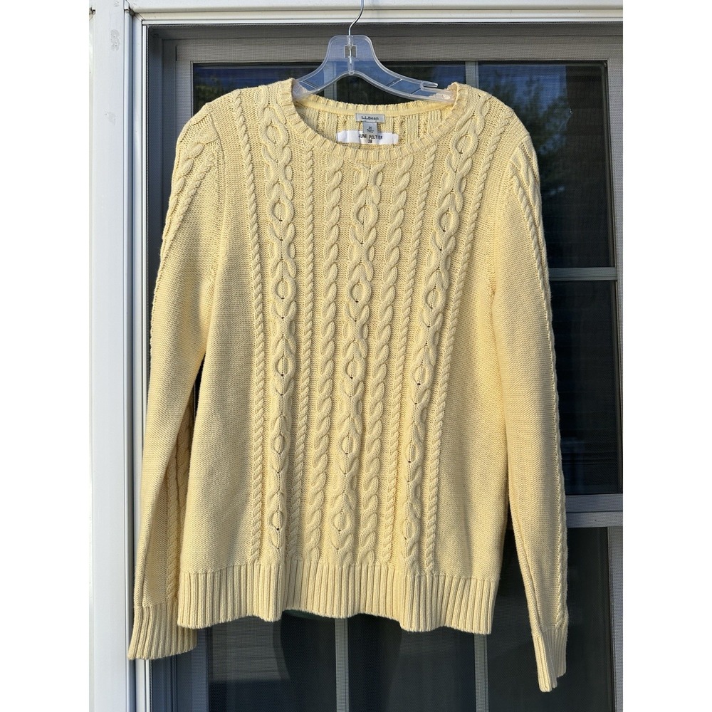 LL Bean Chunky Cable Knit Pullover Sweater Women's Yellow Fisherman Knit Medium